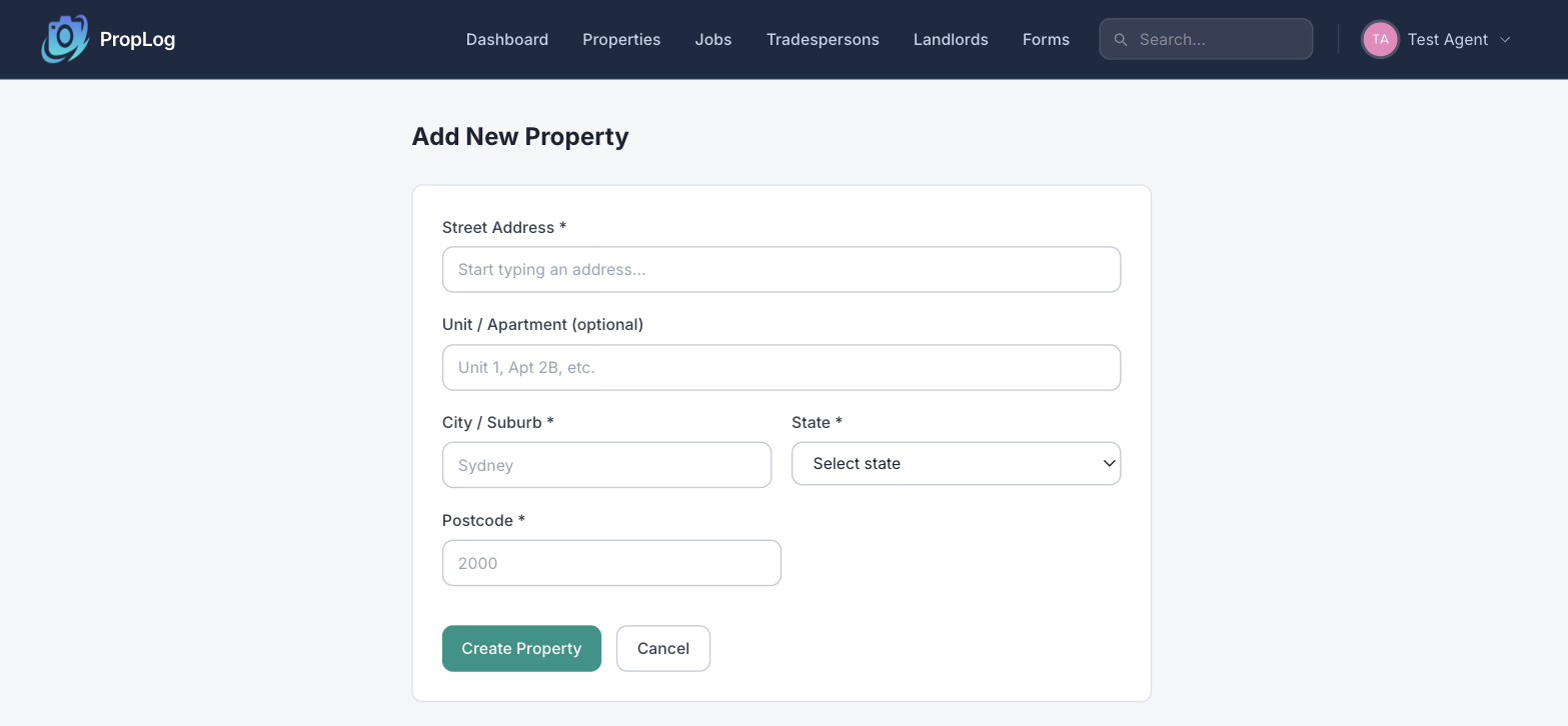 The empty Add New Property form, showing Street Address, Unit, City, State and Postcode boxes