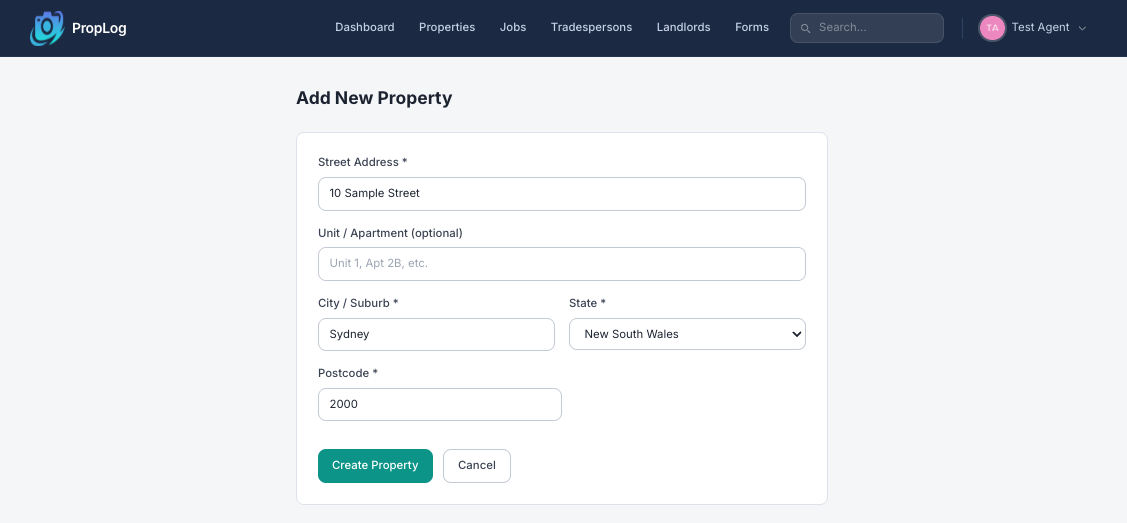 The Add New Property form filled in with an example address: 10 Sample Street, Sydney NSW 2000