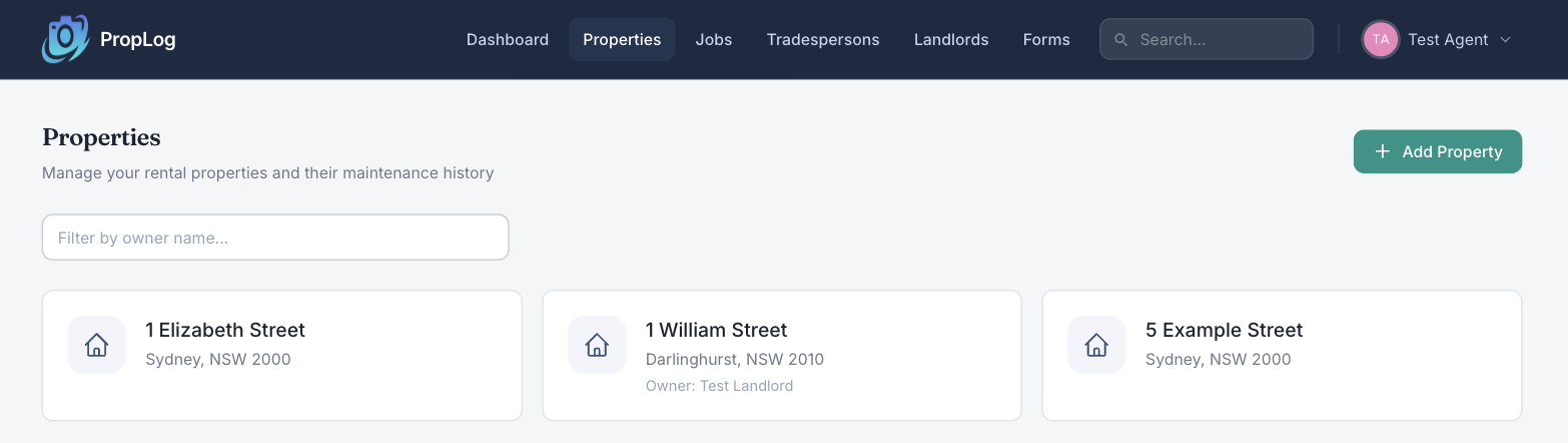 PropLog Properties page with the green Add Property button in the top-right corner