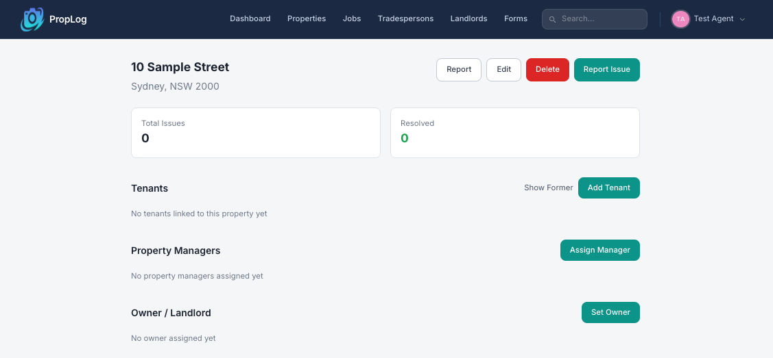 The new property's page in PropLog, ready for tenants, a property manager, and an owner