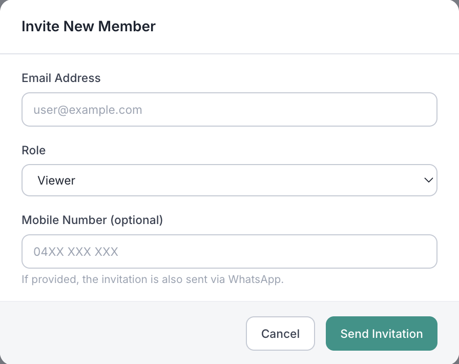 The empty Invite New Member form, showing Email Address, Role, and optional Mobile Number boxes