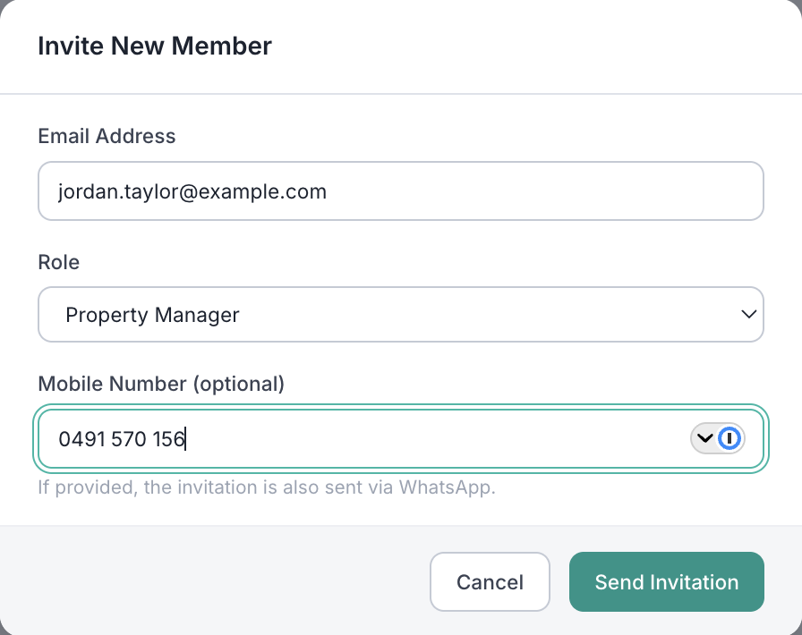 The Invite New Member form filled in with an example colleague's email, Property Manager role, and mobile number