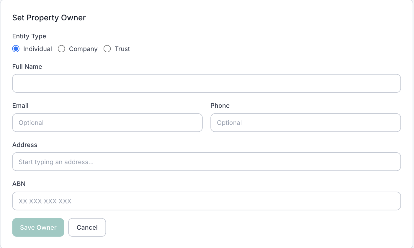 The empty Set Property Owner form, showing Entity Type, Full Name, Email, Phone, Address, and ABN boxes