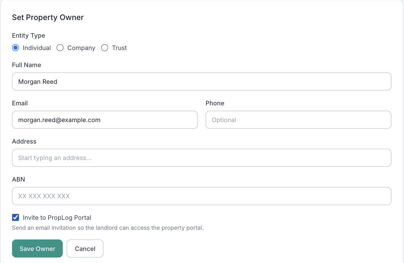 The Set Property Owner form filled in with an example landlord's name and email, with Invite to PropLog Portal ticked