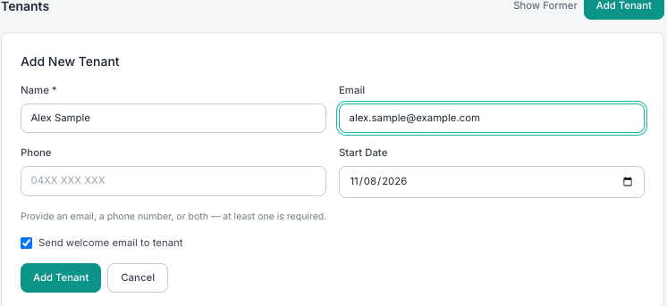 The Add New Tenant form filled in with an example tenant, with Send welcome email to tenant ticked