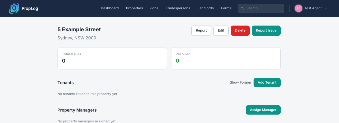 A property's page in PropLog with the green Add Tenant button in the Tenants section