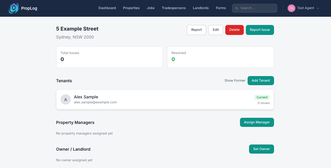 The property's page showing the newly added tenant, marked Current