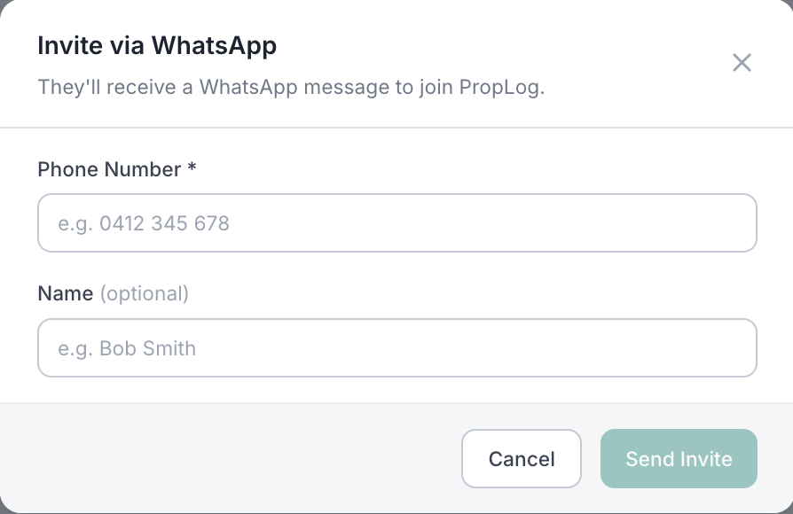 The empty Invite via WhatsApp form, showing Phone Number and optional Name boxes