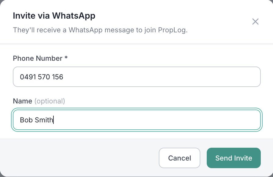 The Invite via WhatsApp form filled in with an example tradesperson's phone number and name