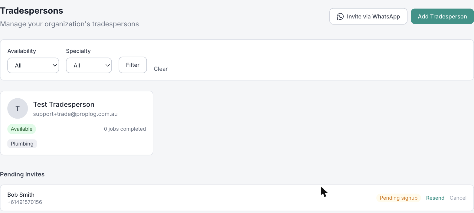 The Tradespersons page showing Bob Smith listed under Pending Invites with Resend and Cancel options