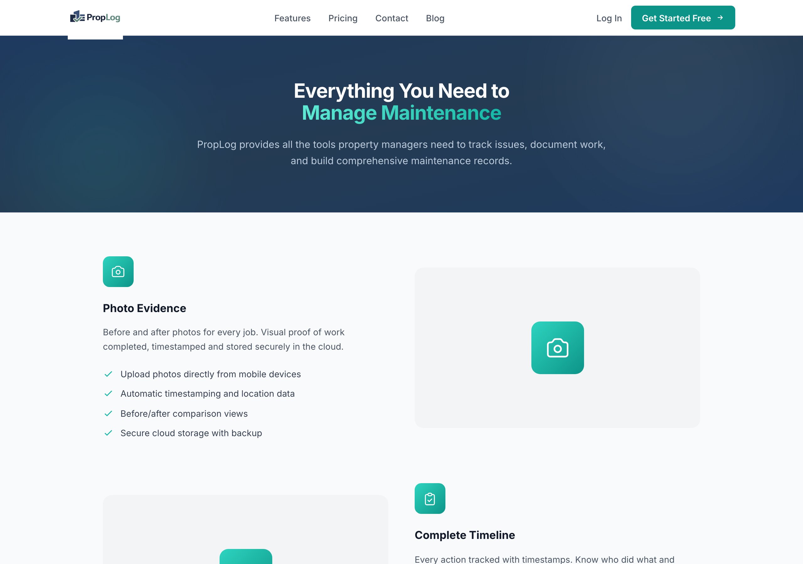PropLog features including photo evidence, timeline tracking, and team management