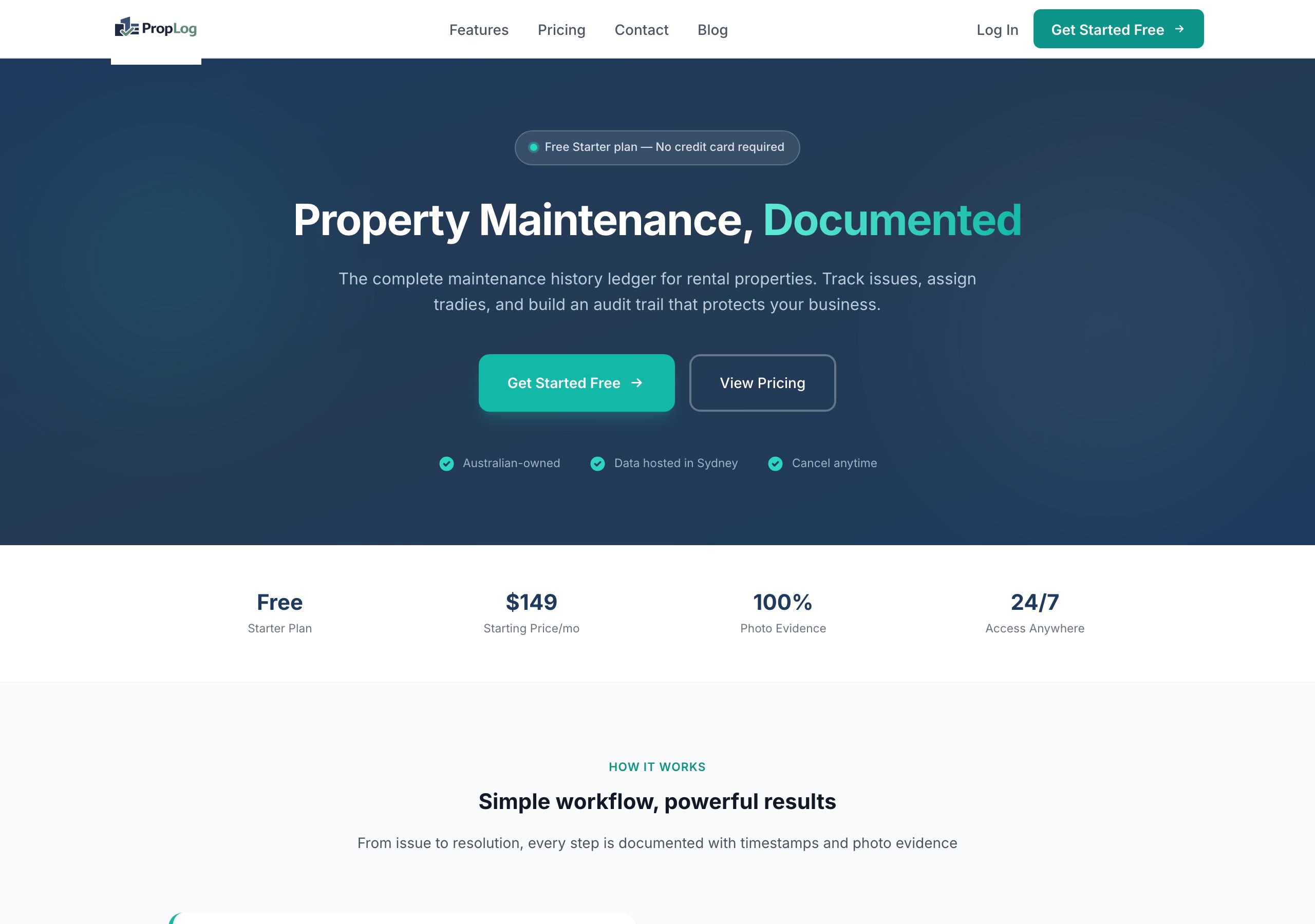 PropLog homepage showing property maintenance tracking platform