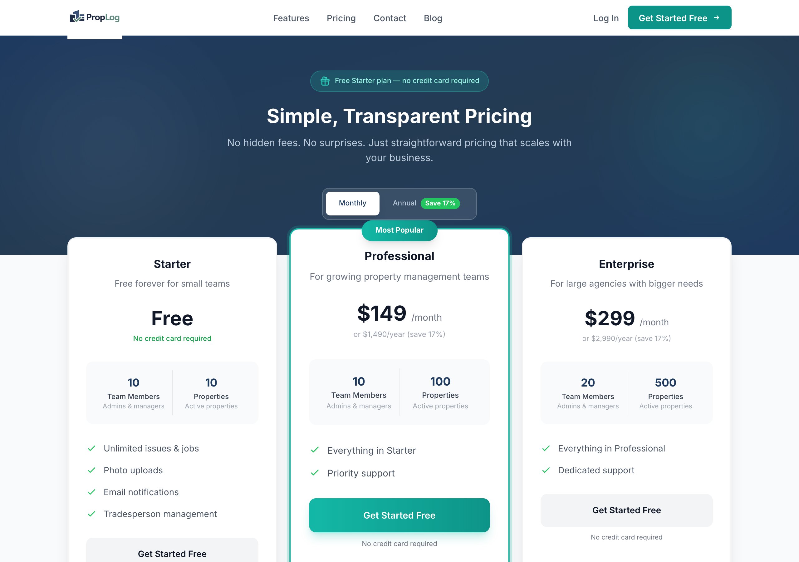 PropLog pricing plans — Free Starter, Professional, and Enterprise