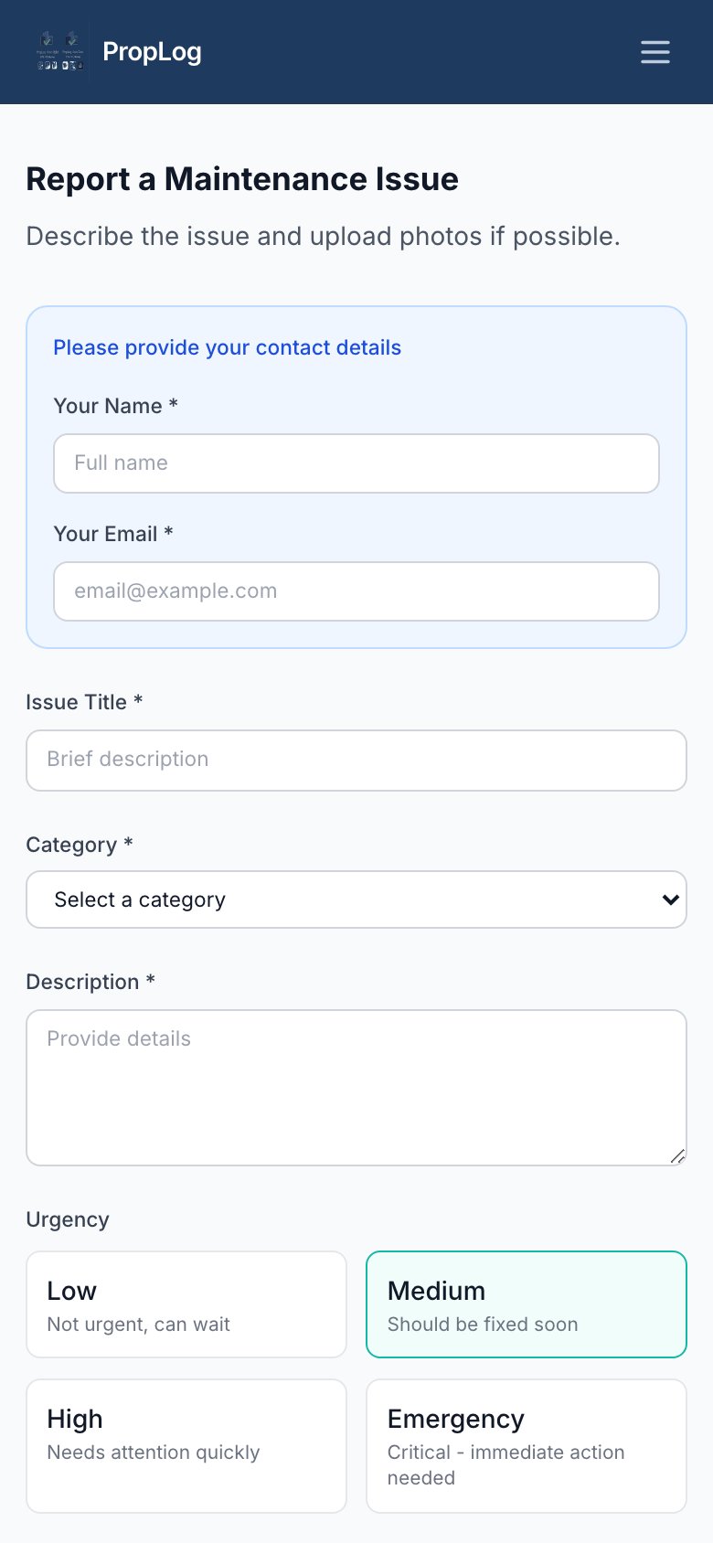 PropLog tenant maintenance issue submission form on mobile