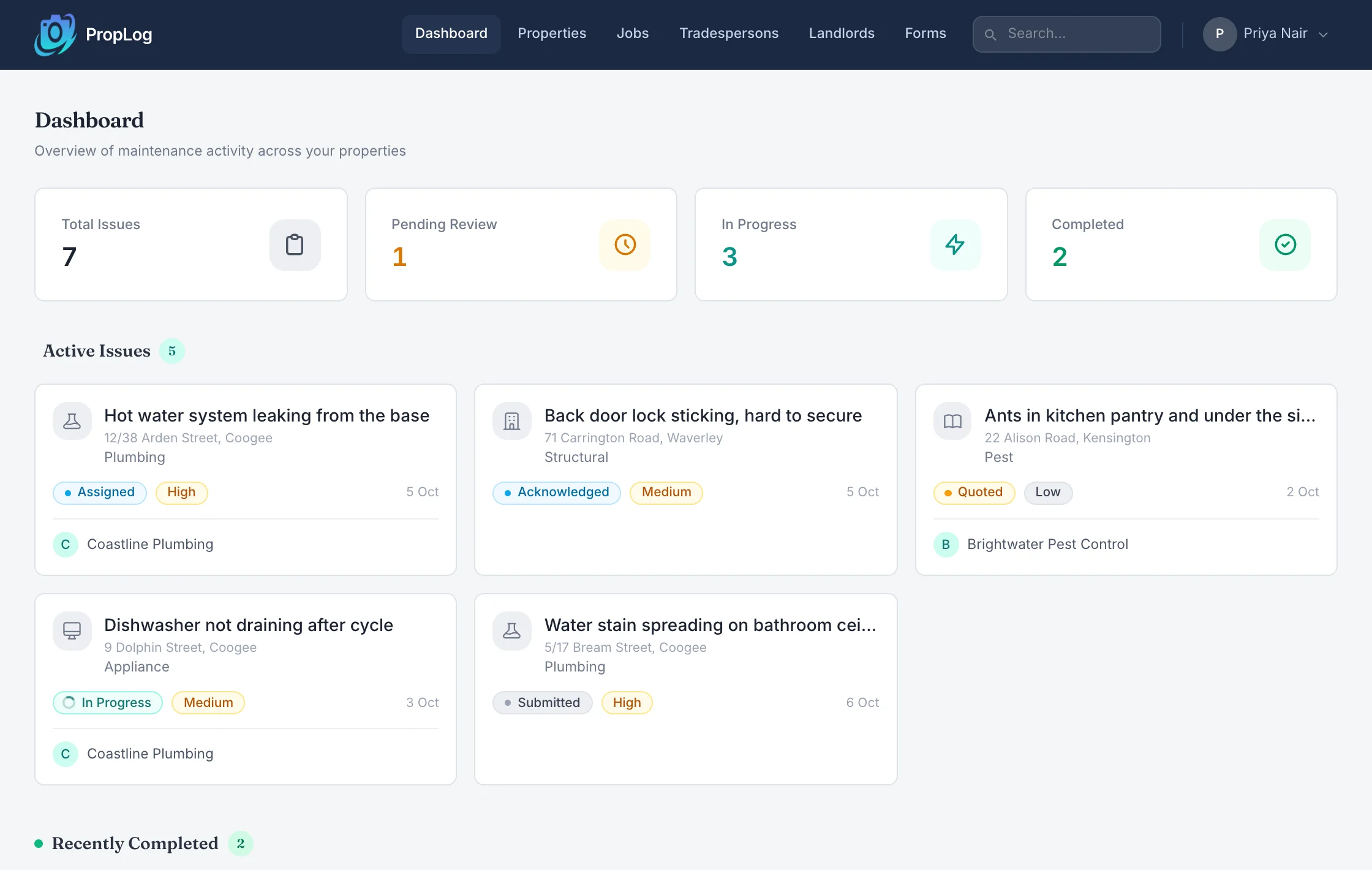 The PropLog dashboard: open maintenance issues across an agency's properties, with status, urgency and assigned tradesperson.